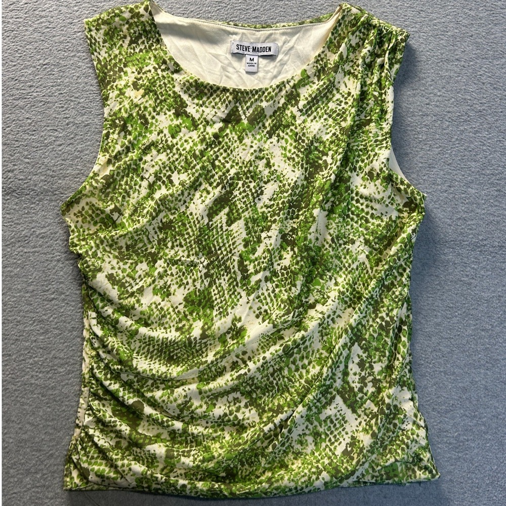 Steve Madden Ruched Fitted Top Womens Medium Green Snakeskin Print Sleeveless